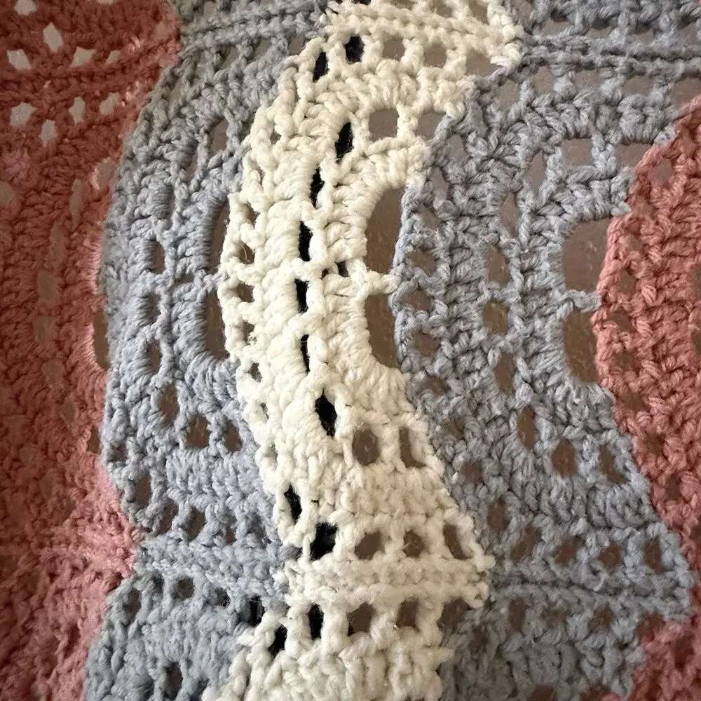 Vintage Handmade Crochet Blanket Afghan Lacy Fan Ripple Pink Grey White 62x72